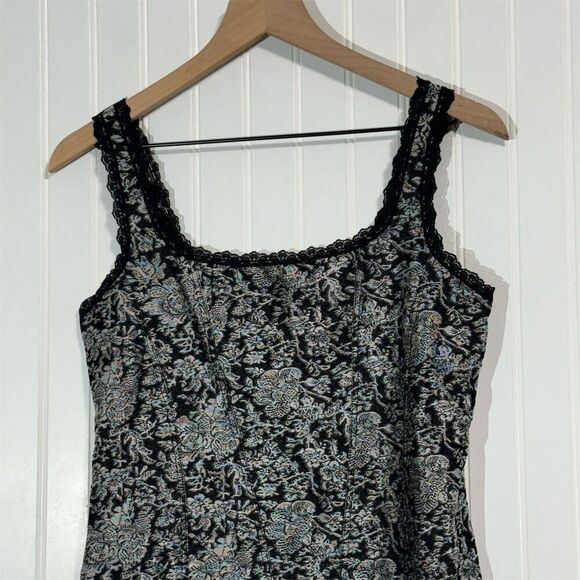 Cache Black Floral Jacquard Corset Tank Top L Lace Trim Y2K Whimsigoth VTG - Picture 2 of 9
